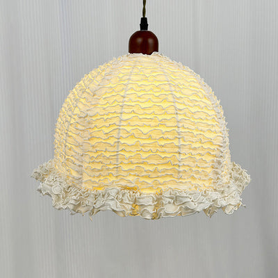 Contemporary Scandinavian Round Ruffle Lace Solid Wood Fabric 1-Light Pendant Light For Living Room