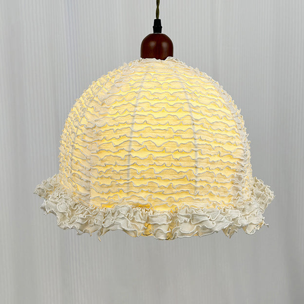 Contemporary Scandinavian Round Ruffle Lace Solid Wood Fabric 1-Light Pendant Light For Living Room