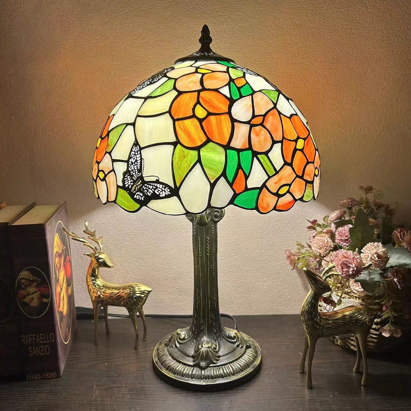 Traditional Tiffany Metal Hardware Glass Semicircular Dragonfly Flower Water Drop 1-Light Table Lamp For Bedroom