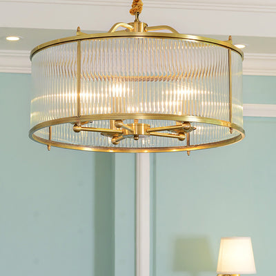 Contemporary Luxury Copper Glass Round Pinstripe 3/5 Light Chandeliers For Dining Room