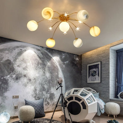 Contemporary Creative Starry Sky Moon Iron Glass 13-Light Semi-Flush Mount Ceiling Light For Bedroom