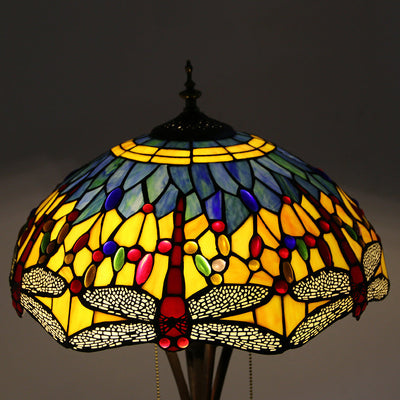 Traditional Tiffany Mediterranean Dragonfly Stained Glass Dome Shade 2-Light Standing Floor Lamp For Home Office