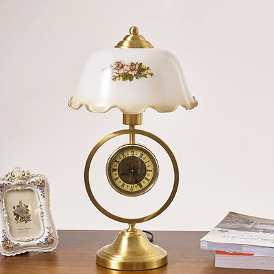 Contemporary Retro Ruffled Glass Shade Antique Copper Clock Base 1-Light Table Lamp For Home Office