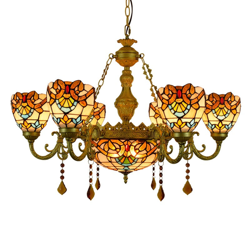 Traditional Tiffany Bead Dome Baroque Iron Glass Alloy 8/11 Light Chandeliers For Living Room