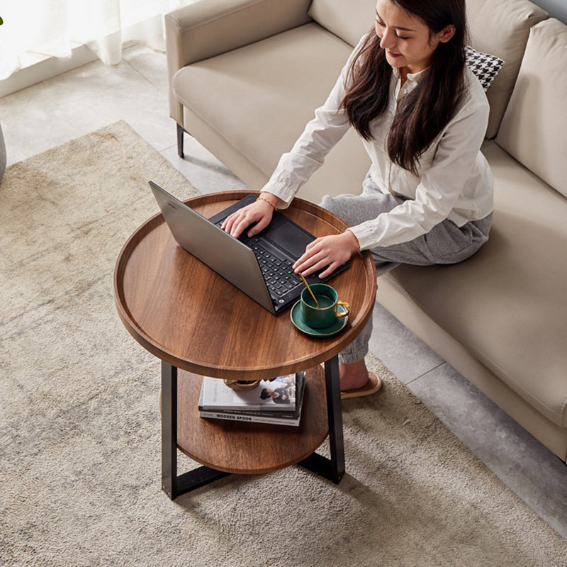 Contemporary Scandinavian Round Wood Iron End Table 2-Tier For Living Room