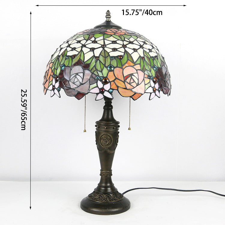 Traditional Tiffany Half Ball Rose Resin Stained Glass 2-Light Table Lamp For Bedroom