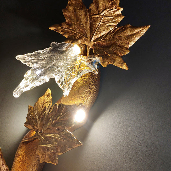 Contemporary Creative Copper Glass Splicing Maple Leaves Design 2-Light Wall Sconce Lamp For Living Room