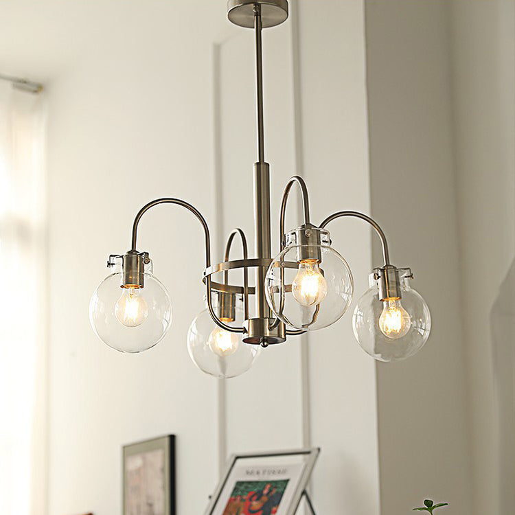 Contemporary Nordic Branch Curved Rod Round Globe Iron Glass 4/5 Light Chandelier For Living Room