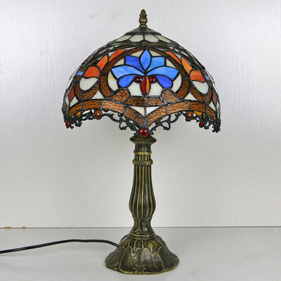 Traditional Tiffany Stained Glass Dome Shade Lotus Alloy Base 1-Light Table Lamp For Bedroom