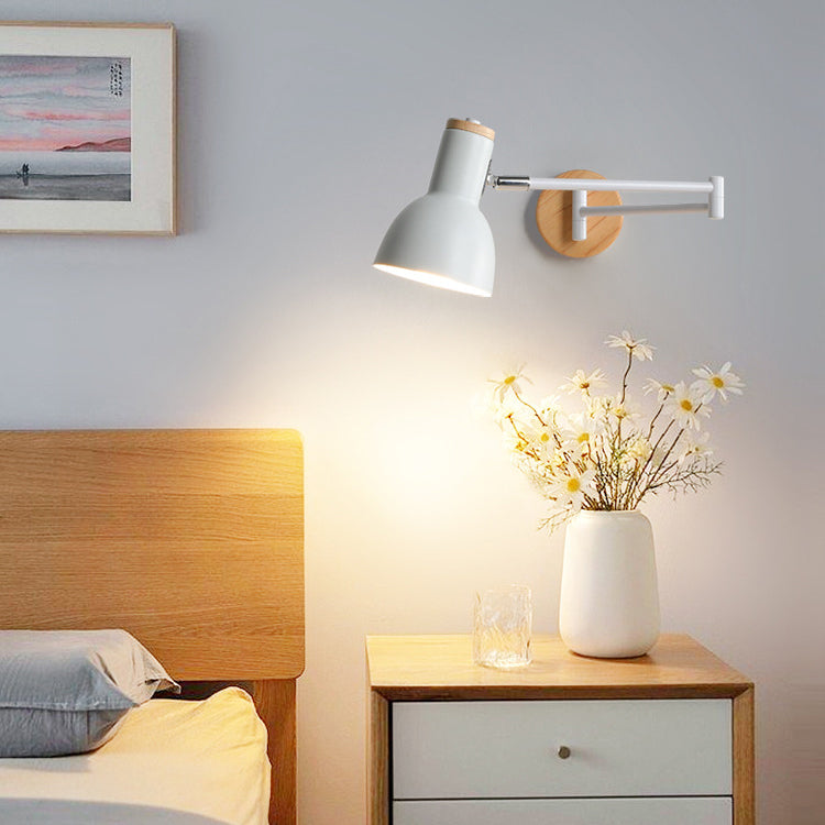 Modern Minimalist Swing Arm Retractable Cylinder Round Iron Solid Wood Glass 1-Light Wall Sconce Lamp For Bedroom