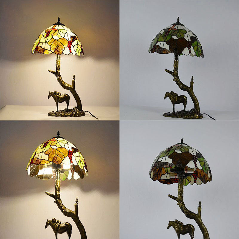 Traditional Tiffany Resin Glass Dome Conic Hemispheric Branch Horse Base 2-Light Table Lamp For Study