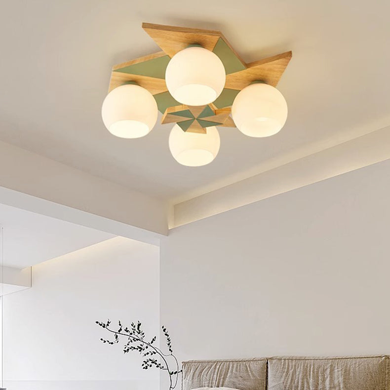 Contemporary Creative Windmill Orb Wood Iron Glass 4-Light Flush Mount Ceiling Light For Bedroom