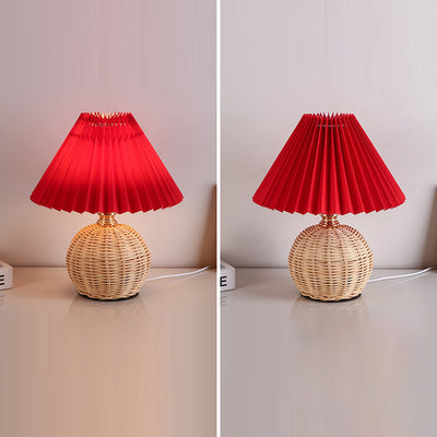 Contemporary Nordic Rattan Fabric Pleated Conic Ball LED Table Lamp For Bedroom