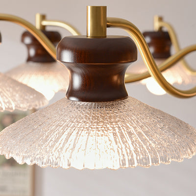 Traditional Vintage Brass Iron Ash Wood Glass Round Bowl 3/6/8 Light Chandeliers For Dining Room