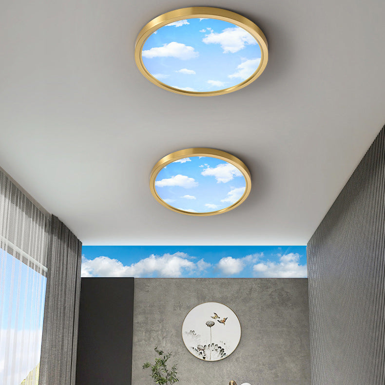 Modern Simplicity Full Copper Blue Sky Cloud Design Round Acrylic Shade LED Flush Mount Ceiling Light For Living Room