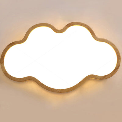 Contemporary Nordic Kids Rubber Wood Glass Star Cloud Moon LED Flush Mount Ceiling Light For Bedroom