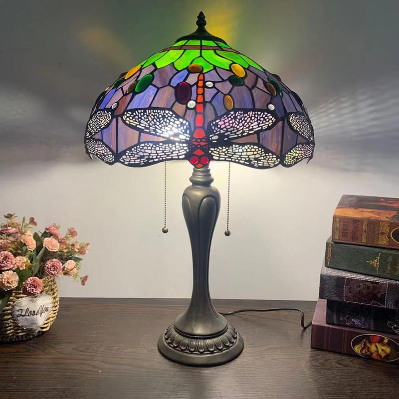 Traditional Tiffany Umbrella Flower Dragonfly Alloy Stained Glass 2-Light Table Lamp For Bedroom