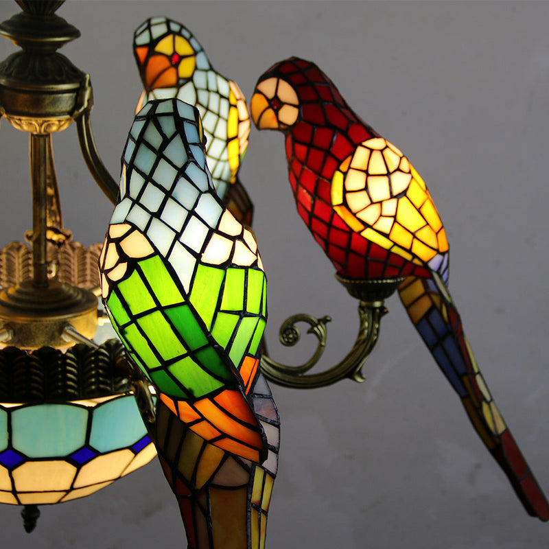 Traditional Tiffany Dome Parrot Alloy Stained Glass 8-Light Chandelier For Living Room