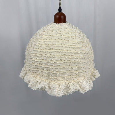 Contemporary Scandinavian Round Ruffle Lace Solid Wood Fabric 1-Light Pendant Light For Living Room