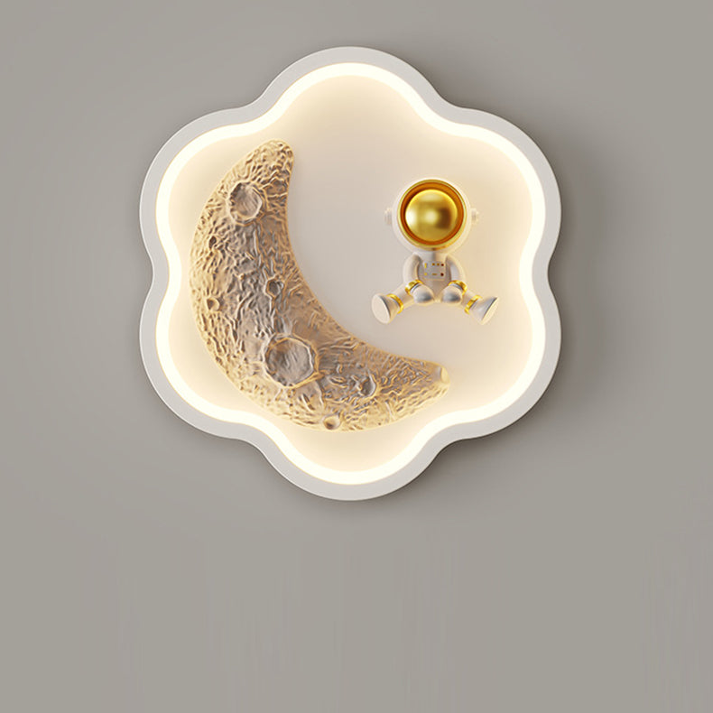 Contemporary Creative Flower-Shaped Resin Moon Astronaut LED Wall Sconce Lamp For Living Room