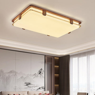 Traditional Chinese Walnut Copper Acrylic Round Square Rectangular LED Flush Mount Ceiling Light For Living Room