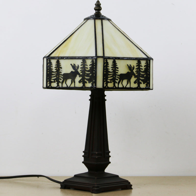 Traditional Tiffany Conic Diamond Deer Alloy Glass 1-Light Table Lamp For Study