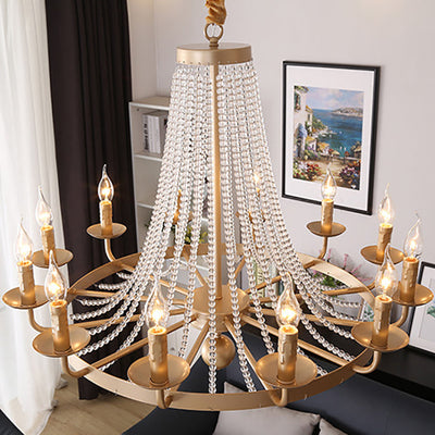 Contemporary Luxury Iron Round Frame Candelabra Crystal Bead 6/8/10/12-Light Chandelier For Living Room