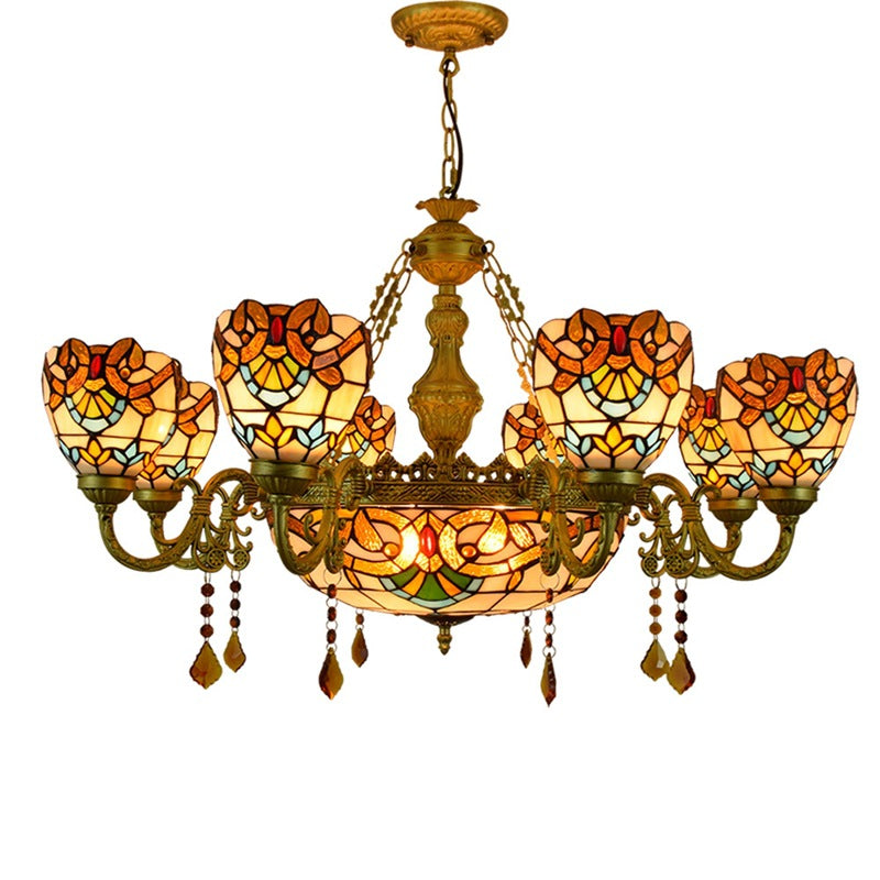 Traditional Tiffany Bead Dome Baroque Iron Glass Alloy 8/11 Light Chandeliers For Living Room