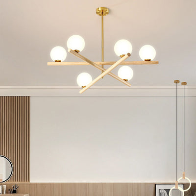 Contemporary Scandinavian Crossover Strip Orb Metal Glass 6/9 Light Chandelier for Living Room