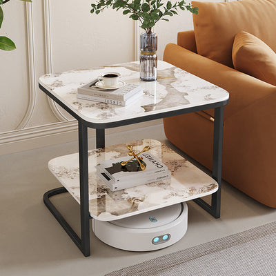 Modern Minimalist Square Rock Slab Metal Side Table 2-Tier For Living Room