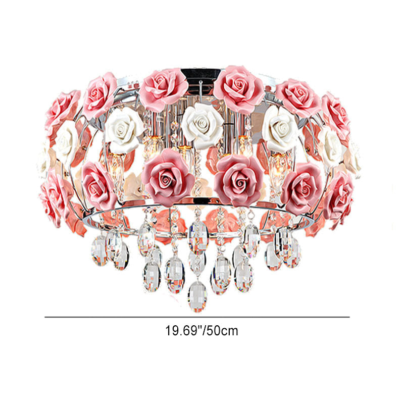 Modern Minimalist Rose Round Crystal Branch Crystal Iron 5/6 Light Flush Mount Ceiling Light For Bedroom