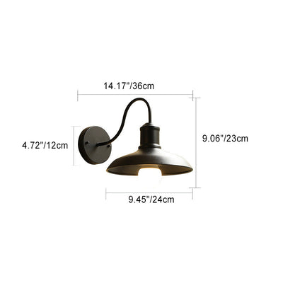 Contemporary Industrial Curved Pole Round Pot Lid Iron 1-Light Wall Sconce Lamp For Outdoor Patio