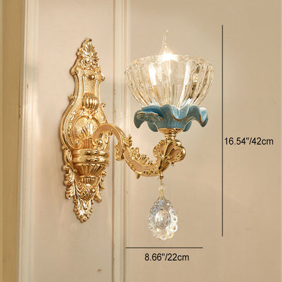 Traditional European Flower Petal Zinc Alloy Crystal Glass 1/2 Wall Sconce Lamp For Living Room