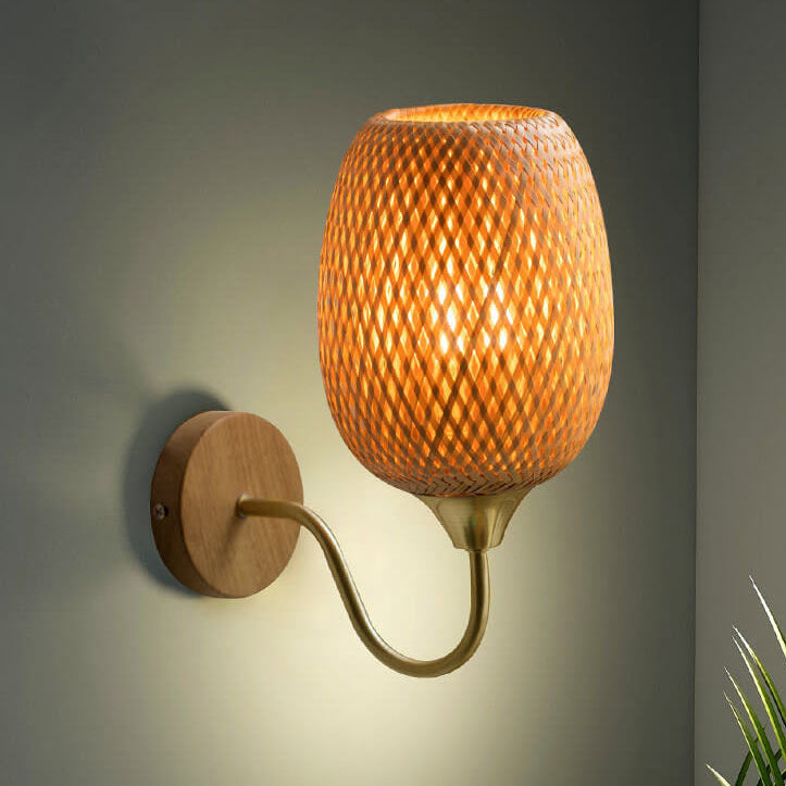 Modern Bamboo Weaving Handwoven Round Lampshade 1-Light Wall Sconce Lamp