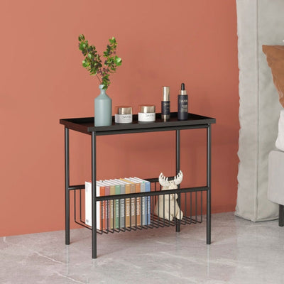 Contemporary Scandinavian Rectangle Iron Top End Table 2-Tier Storage Shelves For Living Room