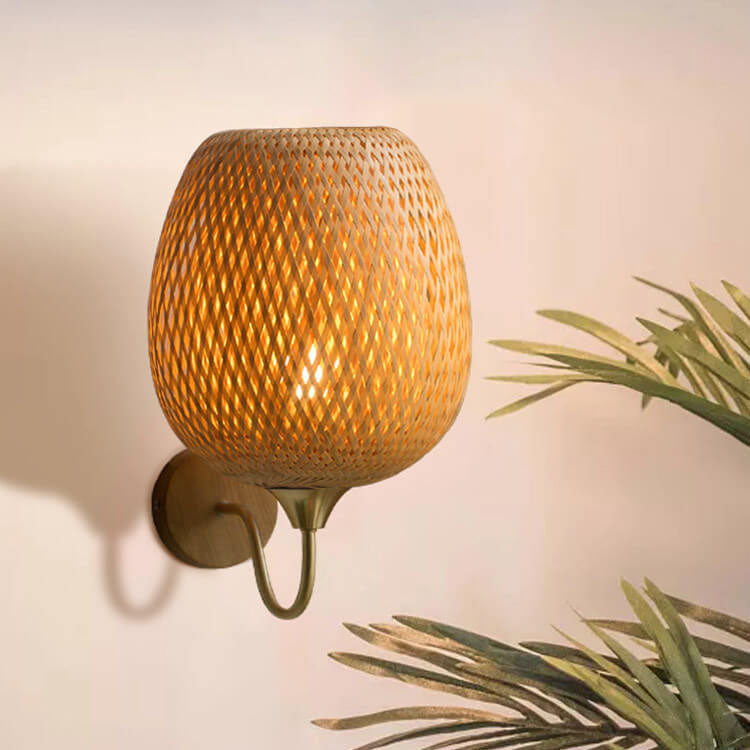 Modern Bamboo Weaving Handwoven Round Lampshade 1-Light Wall Sconce Lamp