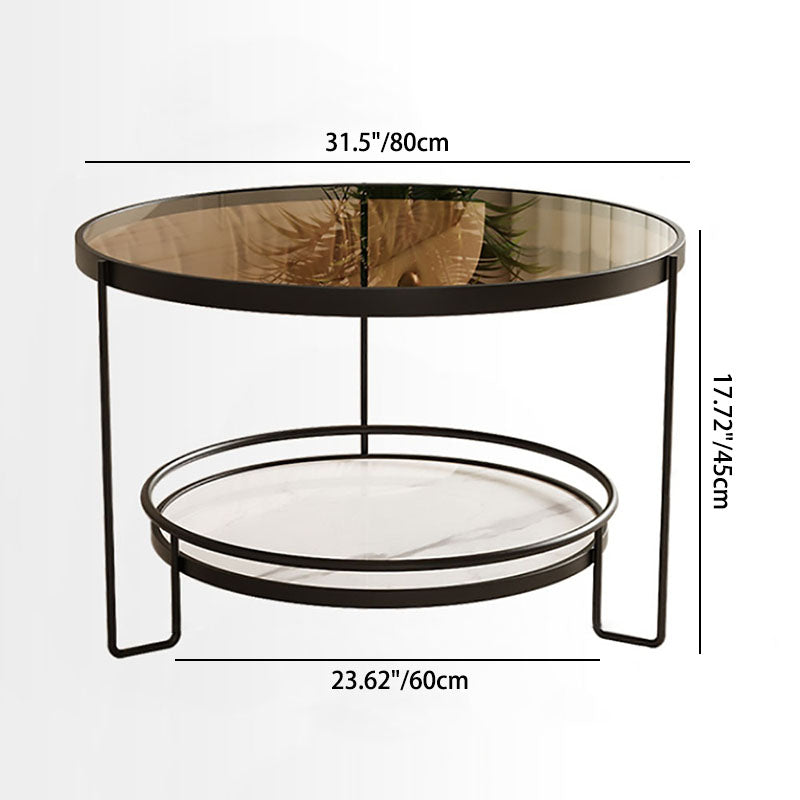 Modern Minimalist Round Glass Rock Slab Iron Coffee Table 2-Tiers For Living Room