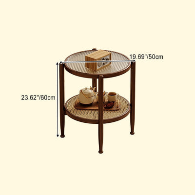 Traditional Japanese Round Glass Rattan Solid Wood End Table 2-Tier For Living Room