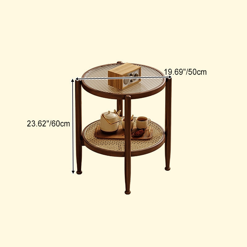 Traditional Japanese Round Glass Rattan Solid Wood End Table 2-Tier For Living Room