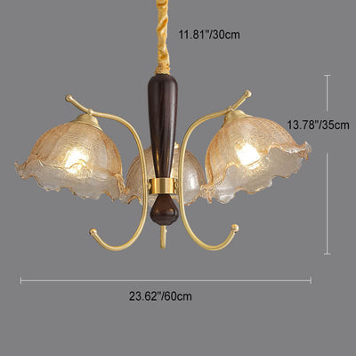 Traditional French Cream Flower Iron Solid Wood Glass 3/5 Light Chandelier For Living Room