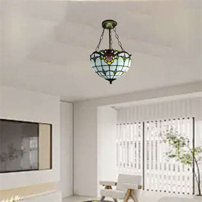 Traditional Tiffany Half Globe Floral Plaid Pattern Iron Glass 2-Light Pendant Light For Bedroom