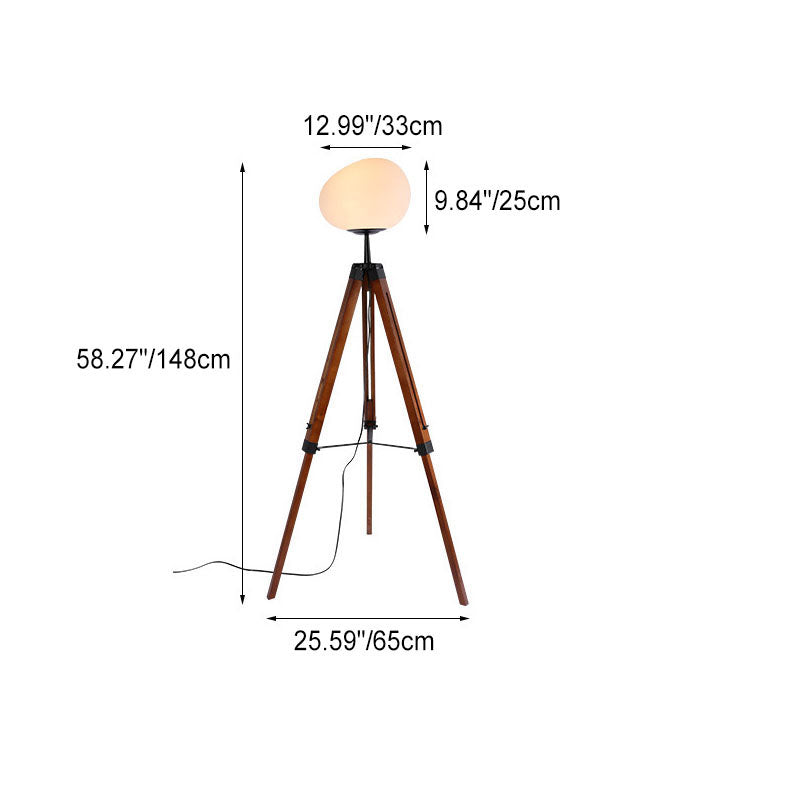 Contemporary Retro PE Round Shade Adjustable Wood Tripod Stand 1-Light Standing Floor Lamp For Bedroom