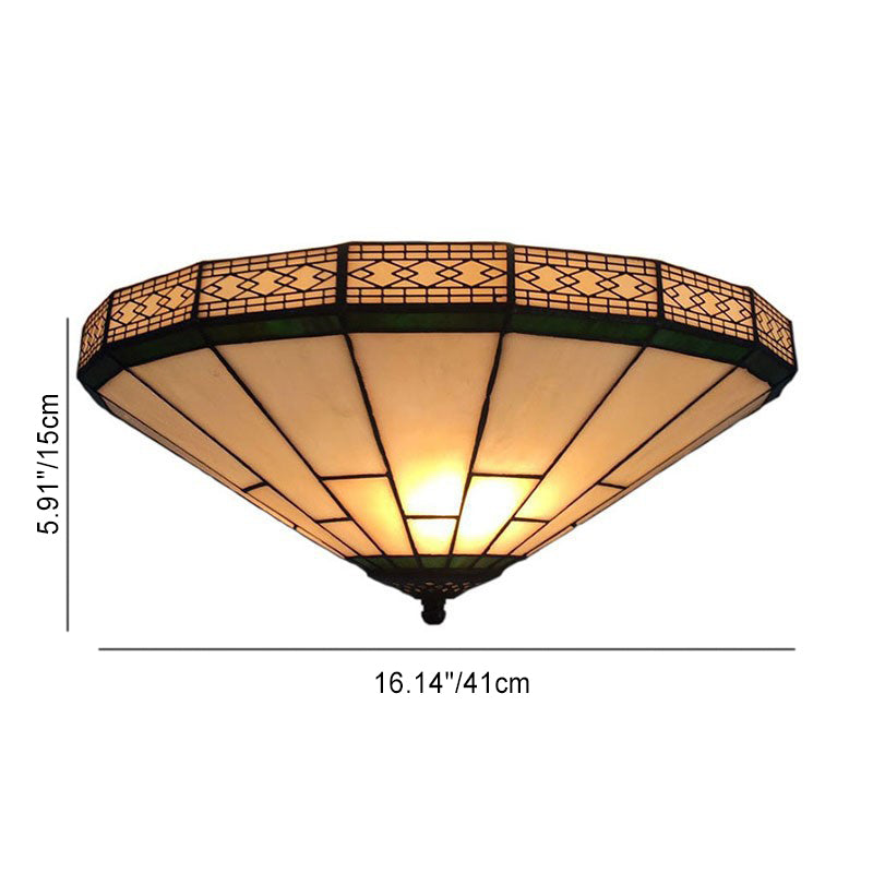 Traditional Tiffany Conical Diamond Glass 3-Light Flush Mount Ceiling Light For Living Room