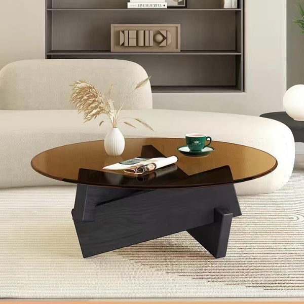 Contemporary Scandinavian Glass Triangular Wooden Base Coffee Table For Living Room