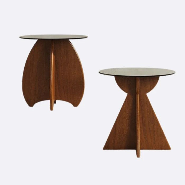 Contemporary Retro Geometric Oval Tempered Glass Wood Base End Table For Living Room