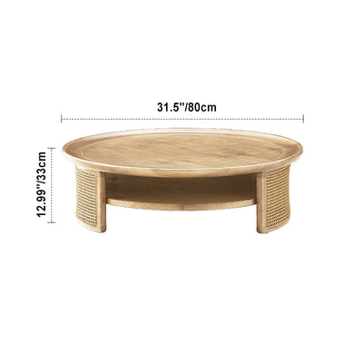 Contemporary Nordic Round Wood Rattan Coffee Table 2-Tier For Living Room