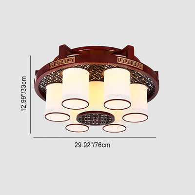 Traditional Chinese Square Round Faux Sheepskin Wood 6/9 Light Flush Mount Ceiling Light For Bedroom