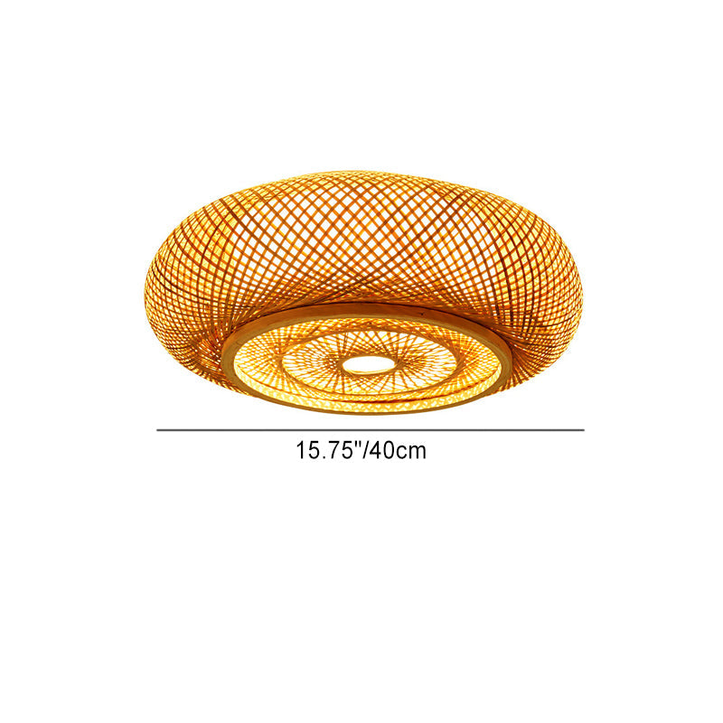 Traditional Vintage Round Skeleton Bamboo PVC 1-Light Flush Mount Ceiling Light For Living Room