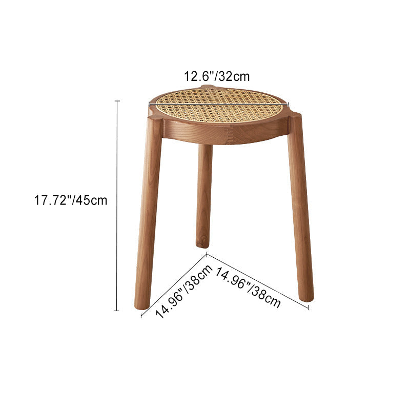 Traditional Japanese Round Rattan Weaving Solid Wood Frame Stackable Low Stool For Living Room