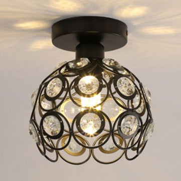 Modern Minimalist Round Dome Iron Crystal 1-Light Semi-Flush Mount Ceiling Light For Living Room